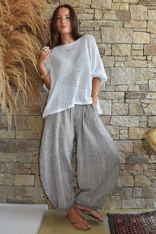 Sundaze Cheesecloth Chalk Stripe Classic Barrel Pant Mocha